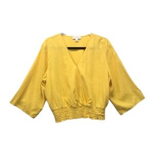 Calligraphie Top Linen Blend V-Neck Yellow Blouse Lightweight Boho Chic Top L